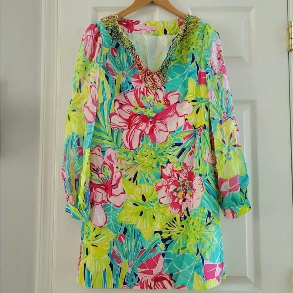 Lilly Pulitzer Silk Saemus Dress in Schooner Blue Land Escape Print Size 2